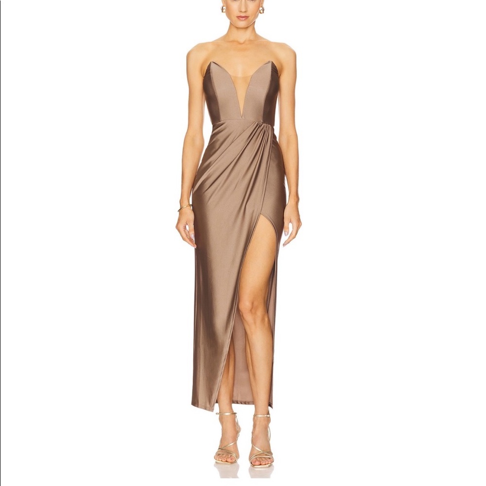 Michael Costello for revolve Jake gown in taupe